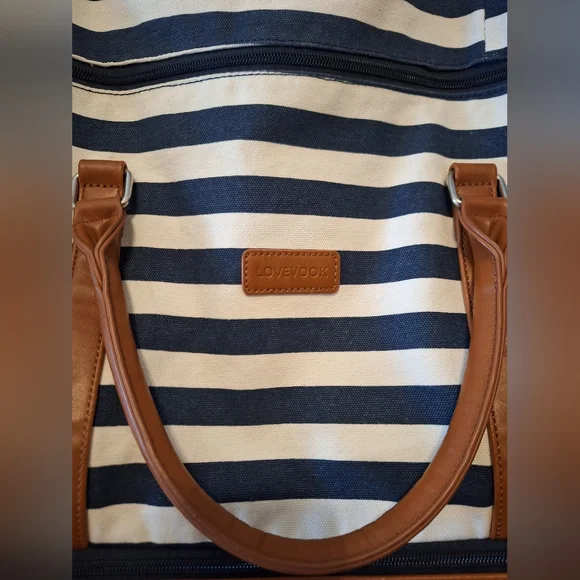 Lovevook Striped Blue and White Weekender Bag with Tan Accents - Picture 2 of 16